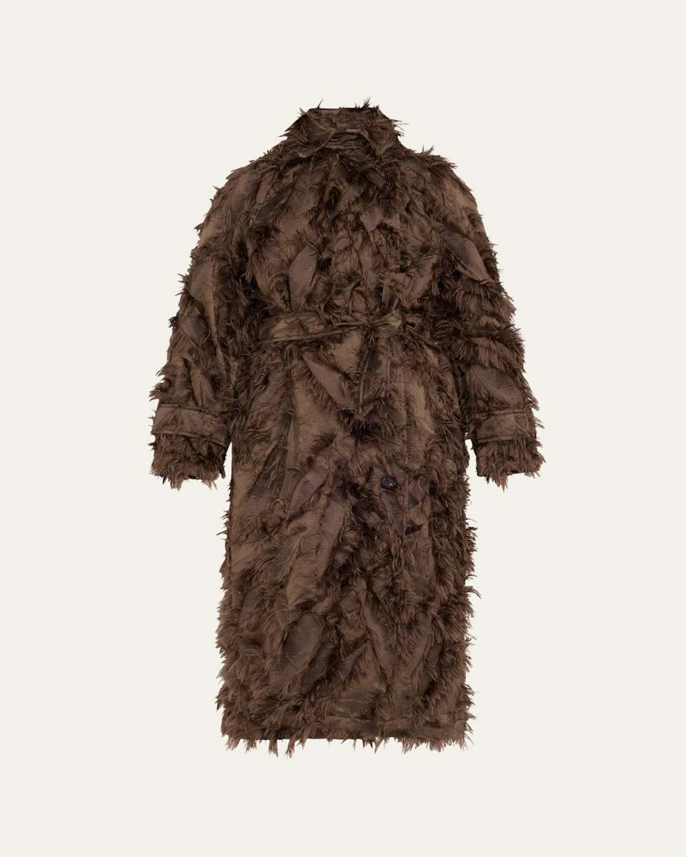 Fil Coupe Jacquard Fringe Belted Trench Coat